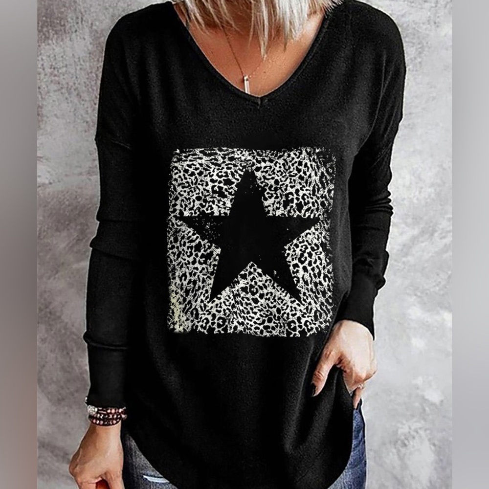 🆕🌿🖤SHEWIN: ANIMAL PRINT Black Star Long Sleeve Top SMALL